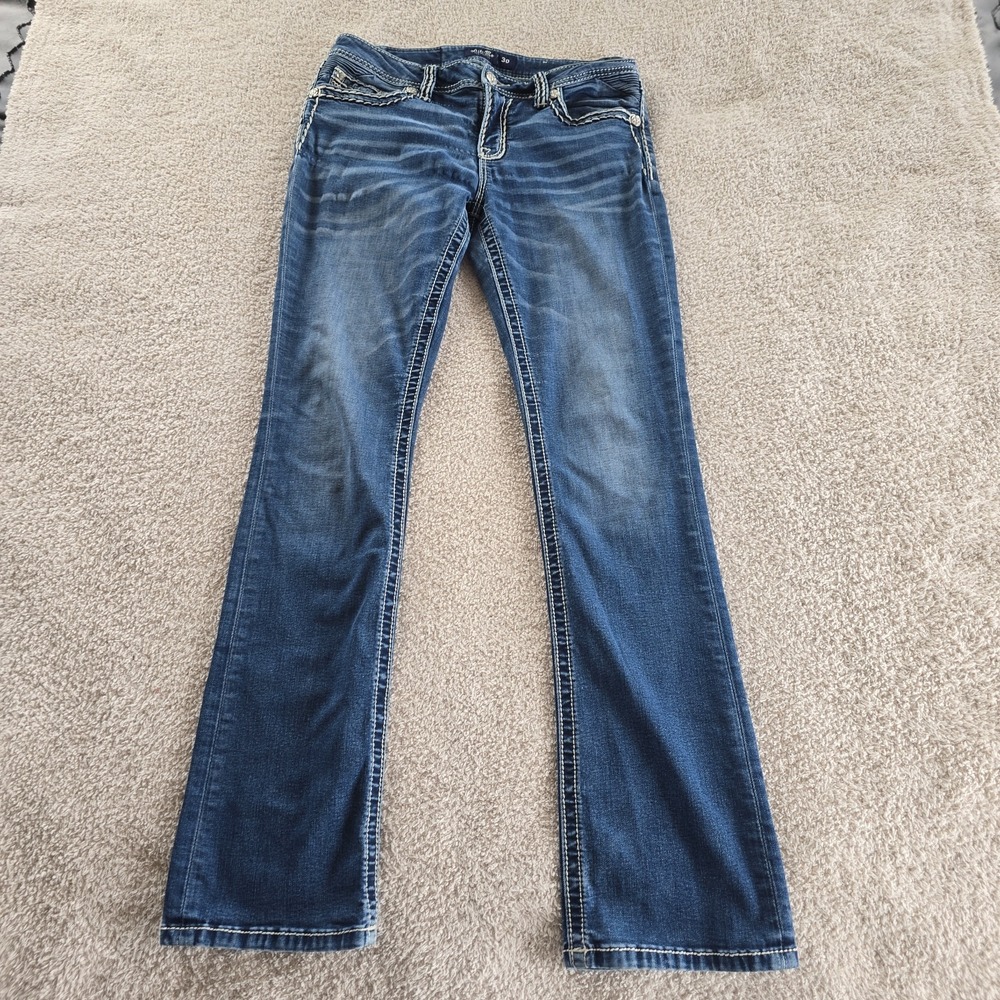 Miss Me Chloe Slim Boot Cut Denim Jeans Thick Stitch‎ Rhinestones Sz 30 Festival